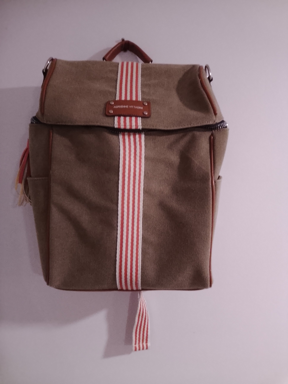 Unbranded Khaki Canvas Backpack with Red-White Stripe